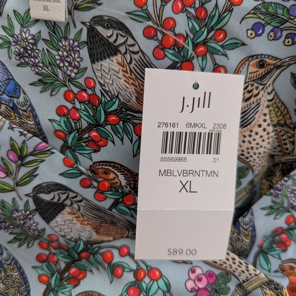 J. Jill Printed Satin V-Neck Popover Blouse Top Shirt Bird Floral Print XL NEW - Picture 6 of 7